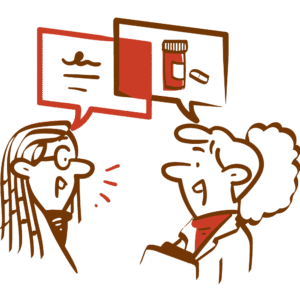 Two people talking with speech bubbles containing medical icons (pills, prescription bottle, heart), representing patient assistance programs helping individuals access medications.
